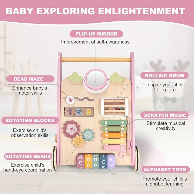 Wooden Baby Walker Wheels,Baby Push Walker for Babies 12 Months+ Montessori,Toddler Walker Push Toy Wooden Activity Walker for Boy,Walking Toys12 Months+ Learning to Walk