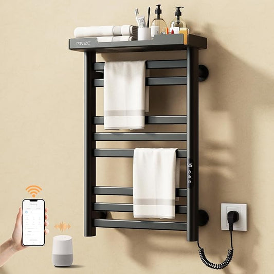 ENZE Heated Towel Rack with Shelf and Wi-Fi App Control, 8 Bars Electric Wall Mounted Towel Warmer with Timer & Adjustable Temperature, Low Carbon Steel, Plug-in/Hardwired, Matte Black