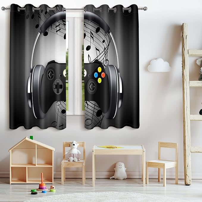 Jekeno Game Controller Blackout Curtains for Kids Boys Bedroom Black Grey Headphones Musical Notes Gamer Gaming Video Games Gamepad Decor Room Darkening Grommet Window Drapes 2 Panel Set, 42"x63"