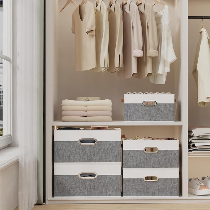 Yawinhe Foldable Storage Baskets for Shelves, Fabric Closet Organizers, Bins with 3 Handles, Cubes for Clothes, White/Grey, 15''Lx9.8''Wx8.3''H, 6-Pack