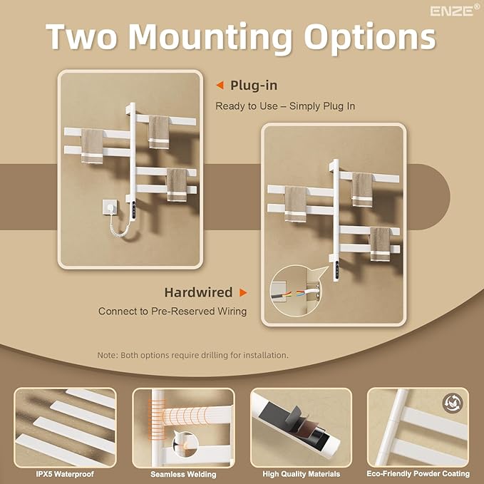 ENZE Smart Rotating Heated Towel Rack for Bathroom, Wall-Mounted Electric Towel Dryer with Swivel Bars, Smart Timer, Low Carbon Steel, IPX5, Plug-in/Hardwired, Towel Warmer with Wi-Fi App Control