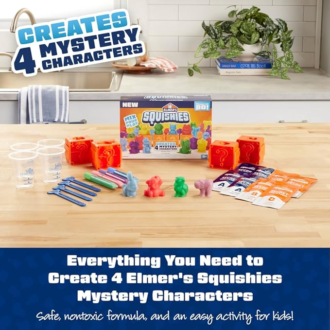 Elmer's Squishies Kids’ DIY Activity Kit, Creates 4 Mystery Characters, 24 Piece Kit, for Ages 6 and Up, Perfect for Stress Relief and Sensory Play