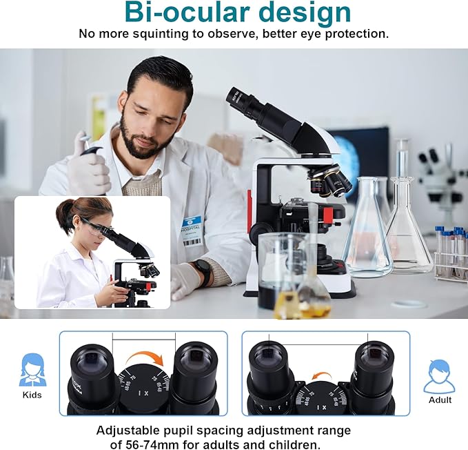 40X-2500X Microscope Laboratory Microscope for Adults with LED, Double 3D Mechanical Stage, Abbe Spotting Scope for Students Children Adults Laboratory Education Science Doppelt Tisch