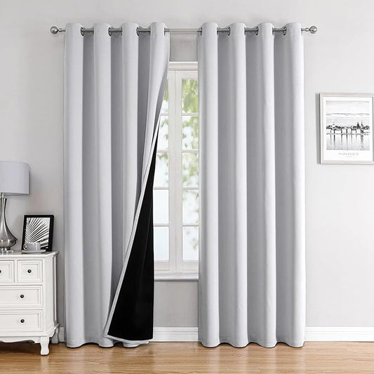 ChrisDowa 100% Blackout Curtains for Bedroom with Black Liner, 2 Thick Layers Total Blackout Thermal Insulated Grommet Long Window Curtains 2 Panels Set (Greyish White, 52 x 95 Inch)