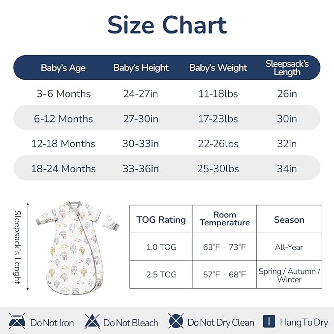 Baby Sleep Sack 3-6 Months, Cotton Detachable Long Sleeve Sleep Sack, 2.5 Tog Toddler Sleeping Sack with Temperature Strips, 2-Way Zipper Wearable Blankets for Newborns, Hot Air Balloon