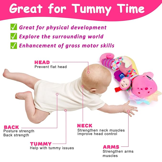 Baby Sensory Toys 0-6 3-6 Months Musical Stuffed Animal Plush Pink Seahorse for Infant 6-12 Month Tummy Time with Baby Mirror Newborn Crinkle Developmental Toy Girls Boys Birthday Gifts 0-3 4 5 Month