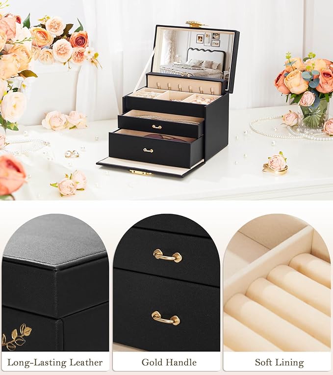 Jewelry Box with Lock for Girls: Jewelry Organizer for Dresser - 3-Drawer Earrings Storage Girls Women Gift (Black)