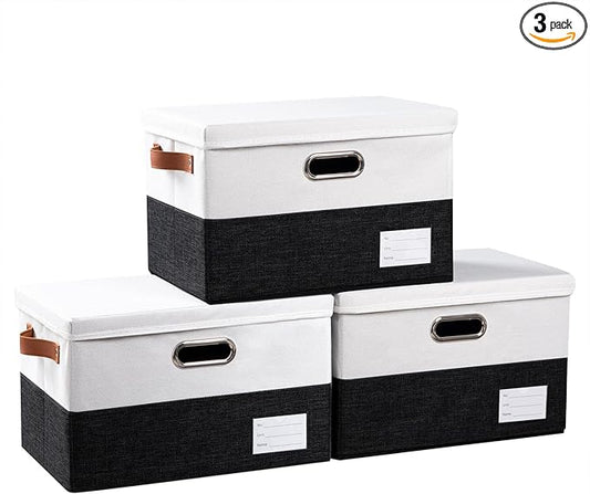 PRANDOM Foldable Storage Bins with Lids [3-Pack] Fabric Collapsible Storage Boxes Baskets Cubes Containers with Handles for Closet Living Room Bedroom (Black & White 14.9x9.8x9.8'')