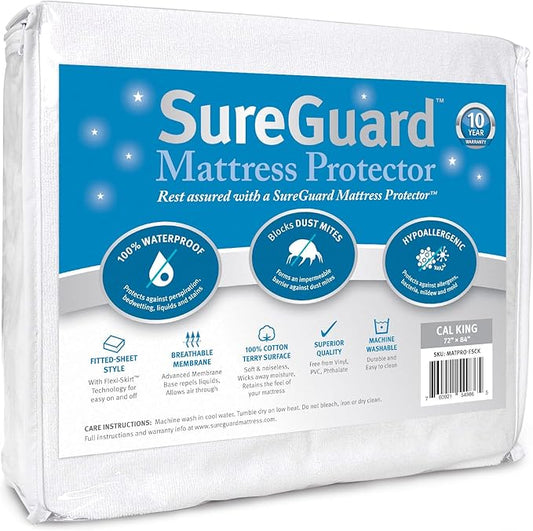 SureGuard California King Mattress Protector - 100% Waterproof, Hypoallergenic - Premium Fitted Cotton Terry Cover White