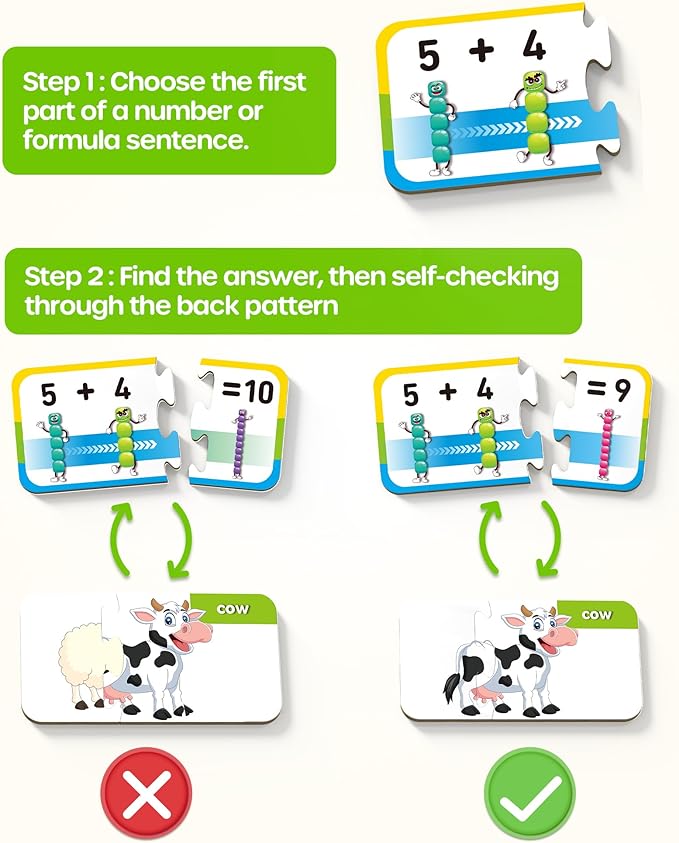D-FantiX 30 Self-Correcting Number Puzzles, Double-Sided Addition and Subtraction Games, Kindergarten Math Games for Kids, Montessori Math Puzzles Educational Toys Preschool Learning Activities