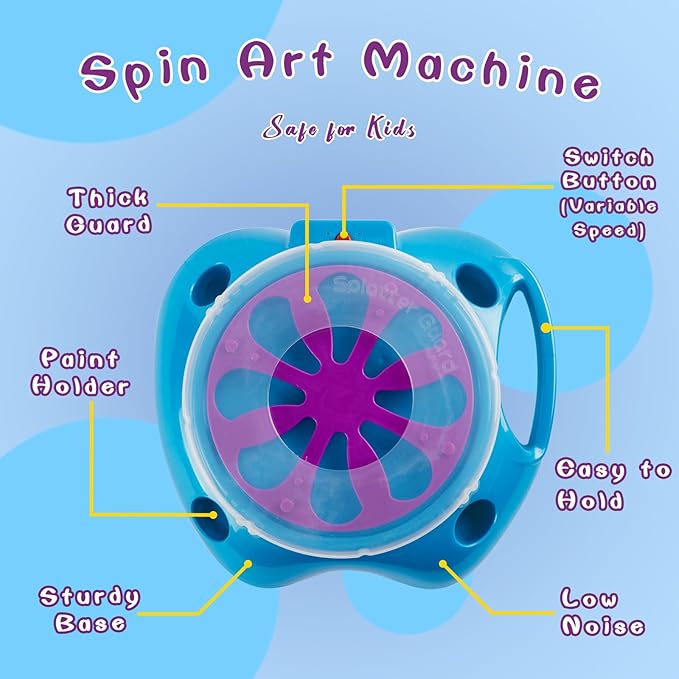 Spin Art Machine Variable Speed, Battery Operated Spinner - Paint Spinner with Splatter Guard, Washable Paint, Spin Art Kit, Art Design Card, Stem Toys, Kid Arts and Crafts, Girls Boys