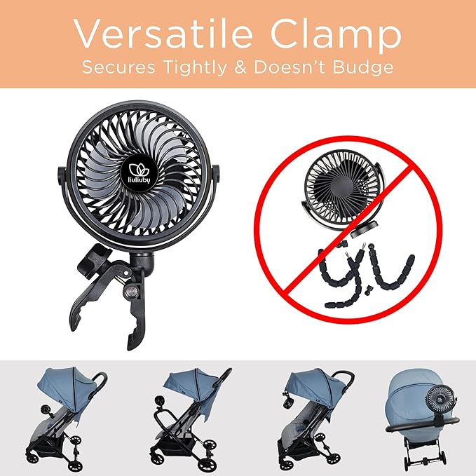 liuliuby Baby Stroller Fan with Clip | Clip On Fan for Baby Car Seat | Portable & Rechargeable with Durable Clamp | Stroller Accessories | Small Cooling USB Chargeable Battery (Jet Black)