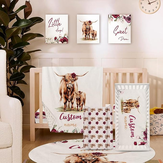 Personalized Nursery Crib Bedding Set: Custom Name 5 Piece Baby Crib Sets with Rose Highland Cow Pattern - Toddler Double Layer Blanket Set, Comfortable Crib Bed Sheets for Baby Grils