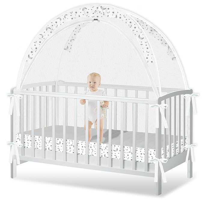 Crib Tent to Keep Baby from Climbing Out - Crib Net to Keep Baby in - Pop Up Breathable Cribs Cover - Canopy with Upgrade Strong Mesh and Durable Zipper (White-Star and Moon, Lager)