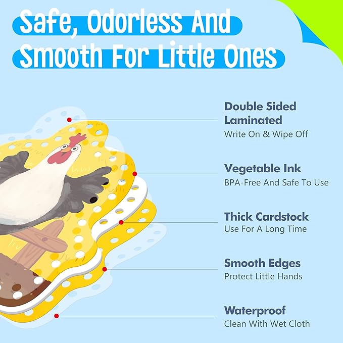 9 PCS Kids Lacing Cards, 9 Double Sided Farm Animals Sewing Cards with 9 Colorful Laces, Educational & Learning Toys for Preschoolers, Kids Ages 3+