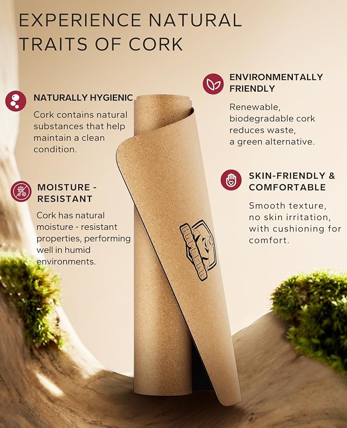 HAPBEAR Large Cork Yoga Mat - 72"x36" Wide Non-Slip for Home Workout, Yoga, Pilates & Stretching - 6mm Cushioned Support - Eco-Friendly & Durable - Bonus Resistance Bands & Carry Bag Included