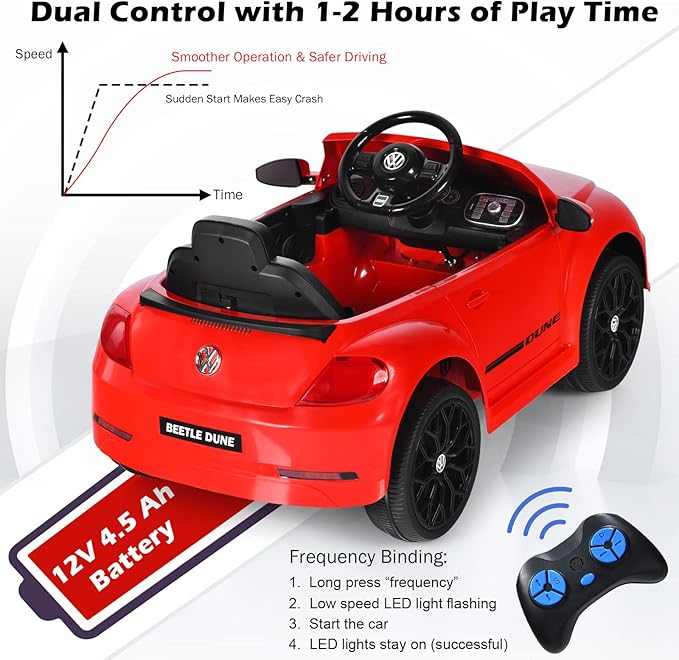 Costzon Ride on Car, 12V Licensed Volkswagen Beetle Battery Powered Vehicle w/Remote Control, Spring Suspension, Lights, USB, Horn, Music, 4 Wheeler for Boy Girl Gift, Electric Car for Kids (Red)