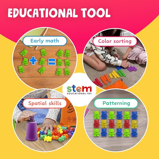 Skoolzy Rainbow Stacking Bears with Matching Sorting Cups 69 Piece Set, 60 Bear counters, Scissor Tongs, Rainbow Cups, Storage Bag, Sorting dice Game