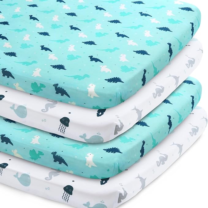 SPRINGSPIRIT Pack and Play Sheets, Pack n Play Sheets Ultra Soft, Mini Crib Sheets 4 Pack, Pack n Play Mattresses Sheets Compatible with Graco Pack n Play, Soft and Breathable, Aqua, Aqua + White