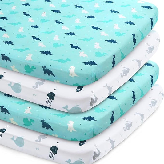 SPRINGSPIRIT Pack and Play Sheets, Pack n Play Sheets Ultra Soft, Mini Crib Sheets 4 Pack, Pack n Play Mattresses Sheets Compatible with Graco Pack n Play, Soft and Breathable, Aqua, Aqua + White