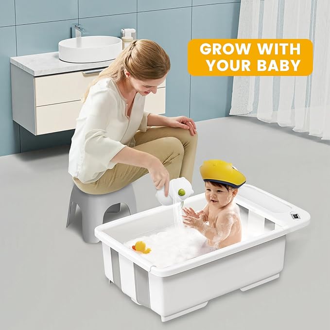 Collapsible Baby Bathtub with Smart Temperature Display & Bath Stand, Portable Travel Bathtub, Ideal for 0-36 Months Infants (Beige)