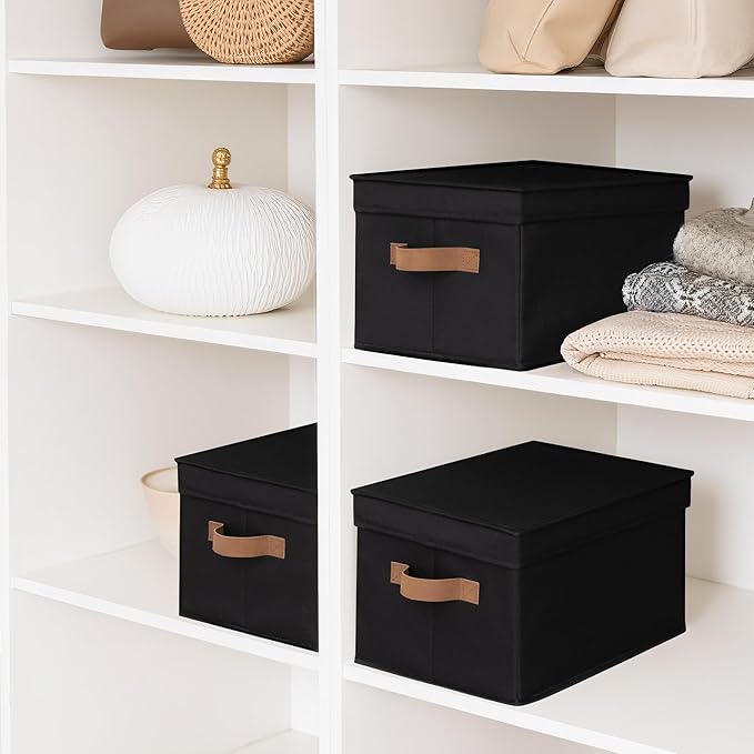StorageWorks Large Storage Bins with Lids, Decorative Storage Boxes with Lid and PU Handles, Foldable Storage Baskets for Closet, Shelves, Stackable, Black, 3-Pack