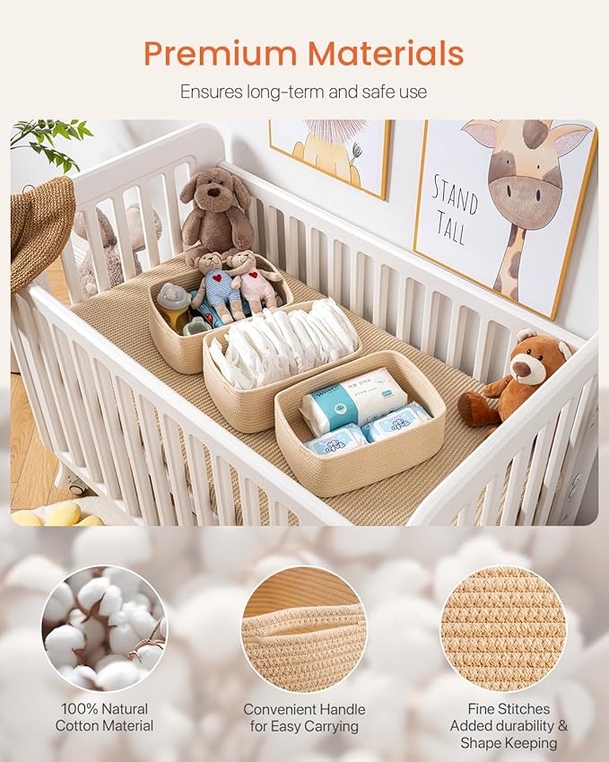 KALLAX Small Woven Basket, 13.5 x 9.5 x 5 Inches, Storage Basket for Organizing, Cute Small Rope Shelf Closet Cube Storage Bins Baskets for Shelves, Dog Toy Gift Baskets Empty, 3 Packs, Beige