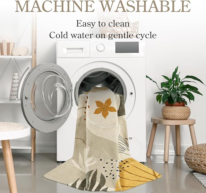 LLahome Boho 3x5 Washable Area Rug - Small Non-Slip Low-Profile Soft Rugs for Bedroom Living Room, Ultra-Thin Botanical Print Indoor Modern Carpet for Entryway Laundry Room Kitchen Office, Tan