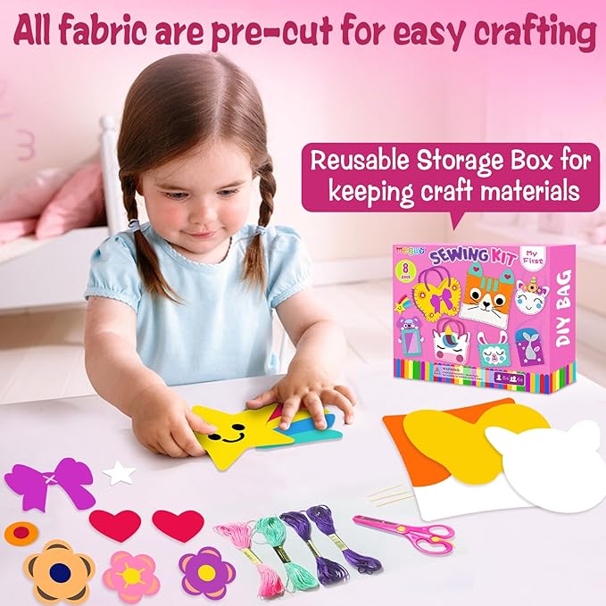 MEGUO Sewing Kit for Kids,Beginner Arts and Crafts, 8 Easy DIY Handbag and Ornaments, Christmas Birthday Gifts Presents Toys for Girls 4-12, Learn to Sew/Embroidery,Parent-Child Interaction