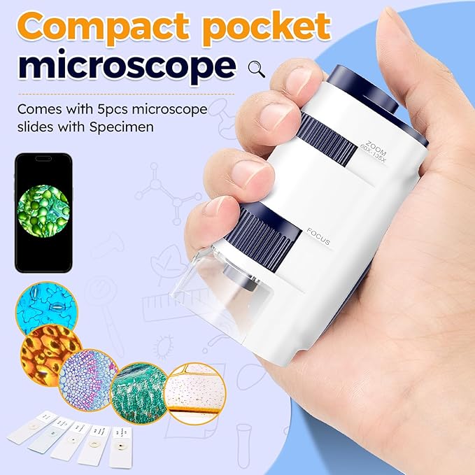 Handheld Portable Pocket Microscope for Kids - BEBANG 135x Mini Lab Kids Microscope with 5 Prepared Slides LED Portable Microbiological Observation Miniscope Tool for Science Exploration