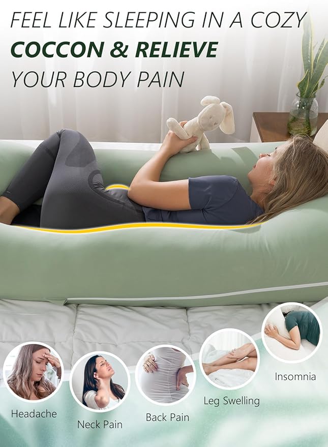 Meiz Pregnancy Pillow, U Shaped Pregnancy Pillows for Sleeping Cooling, 55 Inch Maternity Pillow for Pregnant Women, Body Pillows for Adults, Rayon Cover from Bamboo, Sage Green
