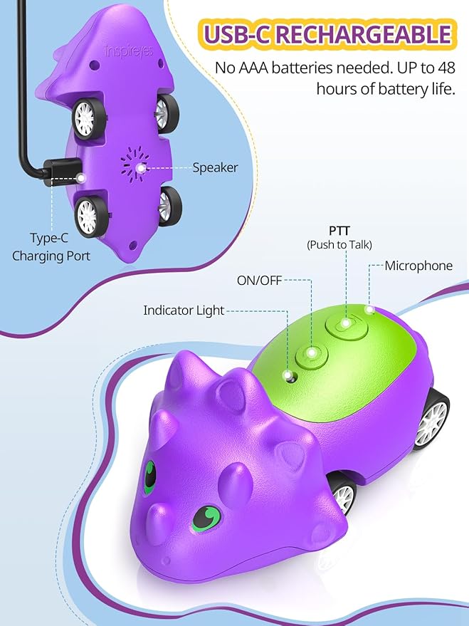 Dinosaur Walkie Talkies for Kids Rechargeable, Dino Toy Cars for Boys & Girls Ages 5-7, Crystal-Clear Audio, 48H Playtime, Fun Indoor & Backyard, 3 Year Old Boy Gift Birthday Xmas, 2 Pack