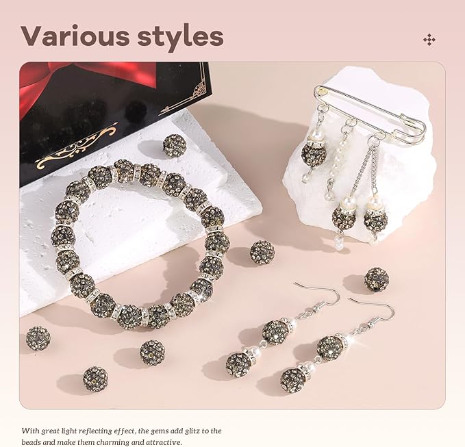 160pcs 10mm Rhinestone Beads for Jewelry Making, Gray Shiny Round Disco Ball Beads Bulk, Sparkle Crystal Clay Christmas for Bracelet Baseball Necklace Earring Crafting and DIY