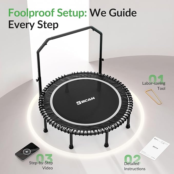 BCAN 40"/48" Mini Rebounder Trampoline for Adults with Bar, 450/550LBS Fitness Trampoline with Bungees, Adjustable Handle, Stable & Quiet, Indoor Outdoor, Whole-Body Workout & Relaxation at Home