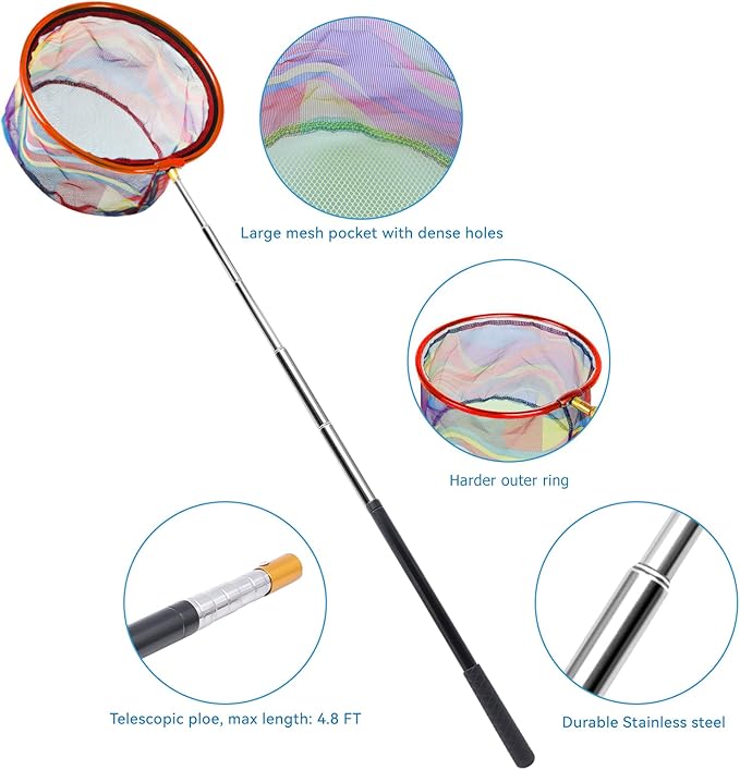 2PCS Fishing Net with Bucket, Telescopic Fishing Landing Net, Collapsible Kids Sand Bucket, Kids Fish Butterfly Catching for Freshwater Saltwater Outdoor Activities