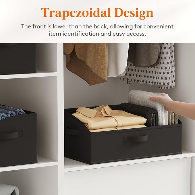 Lifewit Storage Baskets for Shelves, 6 Packs Non-woven Fabric Trapezoid Closet Organizer Bins with Handles, Foldable Clothing Containers Box for Clothes, Toy, Towel, Book, DVD, Hats, Large-Black