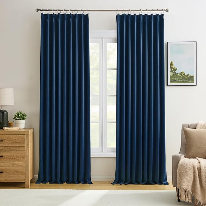 KEQIAOSUOCAI 2 PCs Navy Blue Pleat Wide Drapes for Sliding Glass Door 60 Wide x 95 Inch Long, Privacy Light Block Noise Reduce Insulated Ceiling to Floor for Locker Room Basement Bedroom Closet