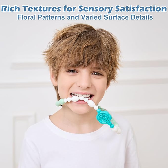 Chew Necklaces for Sensory Kids Adults, Flower Chewy Necklace Sensory Toys for Autism Nail Biting, Fidget Necklace Oral Chew Toys, ADHD Tools for Boys Girls