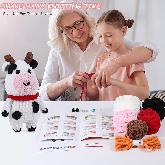 Crochet Animal Kit – 10in Big Adorable COW, Amigurumi Crochet Kit For Intermediate Advanced Level, Kids Knitting Kit With Detailed Videos Tutorials, Yarn, Crochet Hook, Best Gift For Crochet Lovers