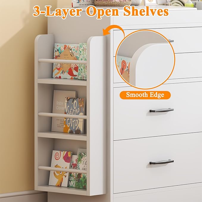 Bigbiglife Changing Table Dresser, Baby Nursery Dresser with 4 Drawers & 1 Cabinet & 3 Open Shelves Storage, Modern Diaper Changing Station for Children's Room, Changing Pad Included, White