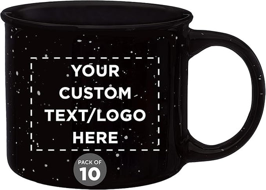 DISCOUNT PROMOS Custom Ceramic Campfire Coffee Mugs 13 oz. Set of 10, Personalized Bulk Pack - Perfect for Tea, Espresso, Cappuccino, Hot Cocoa - Black