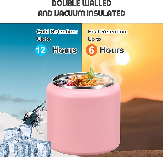 26oz Soup Thermo for Hot Food Kids with Buckle Lid Insulated Vacuum Food Jar Wide Mouth Leakproof Stainless Steel Lunch Container (Pink)