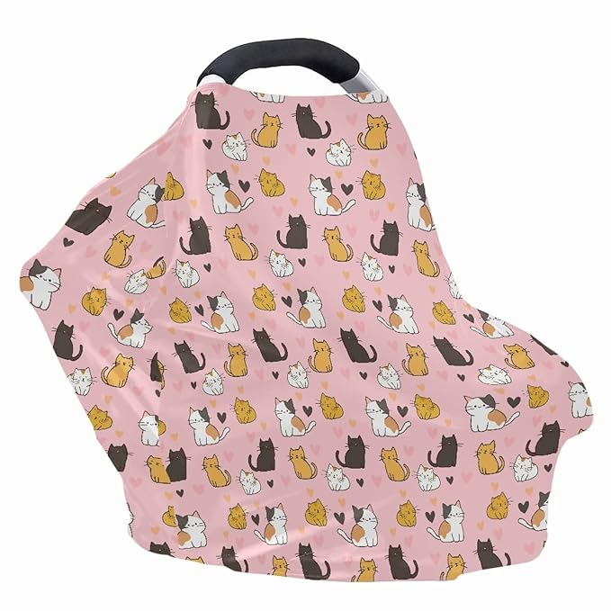 Binienty Baby Car Seat Covers - Cartoon Kitten Infant Carseat Canopy Multi-use Stretch Nursing Cover for Breastfeeding