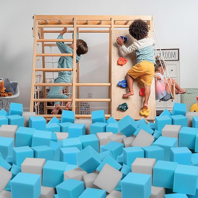 Foam Pit Cubes, 24 PCS 5 Inches Gymnastics Foam Blocks Trampoline Blocks, Multi-Sport Protective Padding for Gymnastics, Trampoline, Parkour, Skate Parks & BMX - Grey & Blue