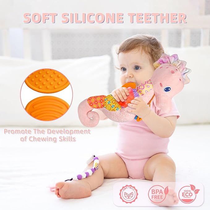 Baby Toys 0-6 Months,Infant Musical Seahorse Stuffed Animals Sensory Toys with Bright Colors,Multiple Textures,Rattles & Crinkle Sound Paper,Soft Tummy Time Toy for Newborn Boys Girls 0-12 Months-Pink