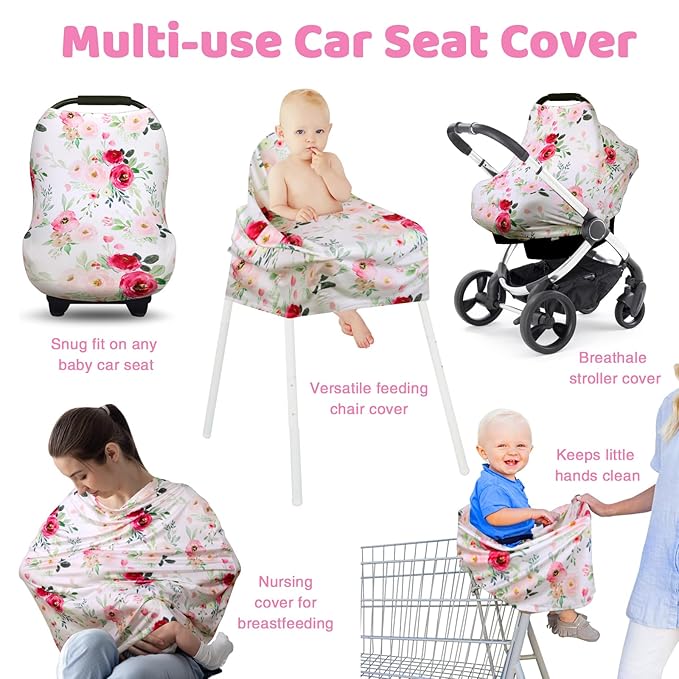 Rquite All-in-1 Car Seat Cover Baby, Carseat Covers for Girl Boy, Stretchy Soft Infant Car Seat Cover, Multi-use Baby Carrier Cover, Car Seat Canopy, Stroller Sun Shade, Nursing Breastfeeding Cover