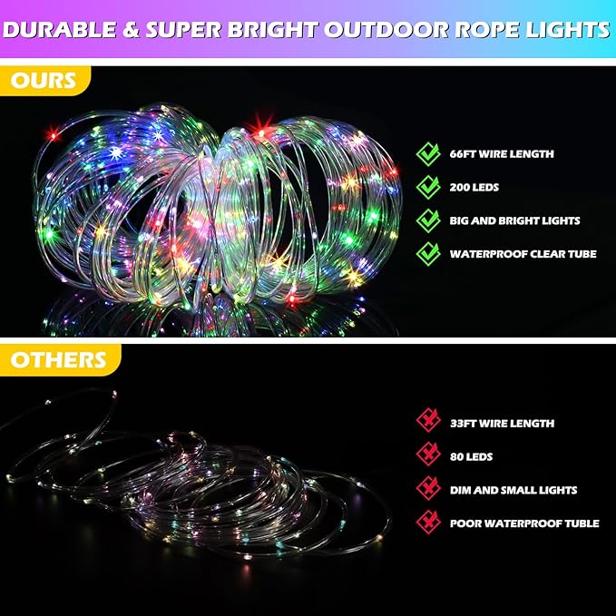 Color Changing Rope Lights 66FT 200 LED Outdoor, String Lights with Plug & Remote | Twinkle Christmas Indoor Bedroom, Waterproof Christmas Lights Outdoor, Rope Lights for Outside,16 Colors