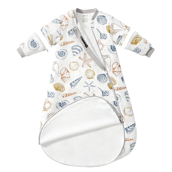 Baby Sleep Sack 18-24 Months, Cotton Detachable Long Sleeve Sleep Sack, 1.0 Tog Toddler Sleeping Sack with Temperature Strips, 2-Way Zipper Wearable Blankets for Newborns, Ocean