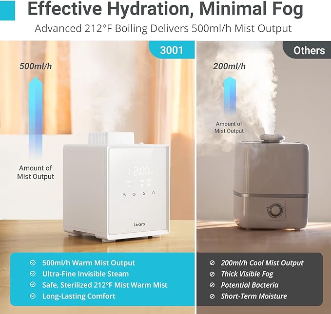 3L Stainless Steel Warm Mist Humidifier with Easy Clean and Warm Steam Function, Healthy Air Mist Humidifiers for Bedroom Living Room, with Sleep Mode and Auto-off Setting