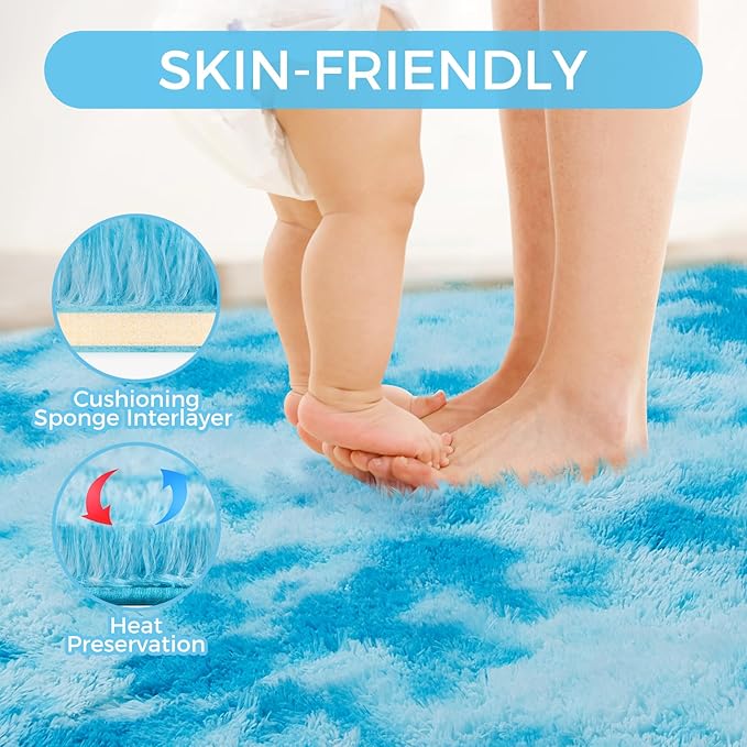 Ultra Soft Rug for Living Room, 3X5 Fluffy Shag Area Rug for Bedroom, Modern Shaggy Carpets Fuzzy Rug for Teens Dorm Nursery Home Decor Aesthetic, Upgrade Anti-Skid Durable, Tie-Dyed Blue